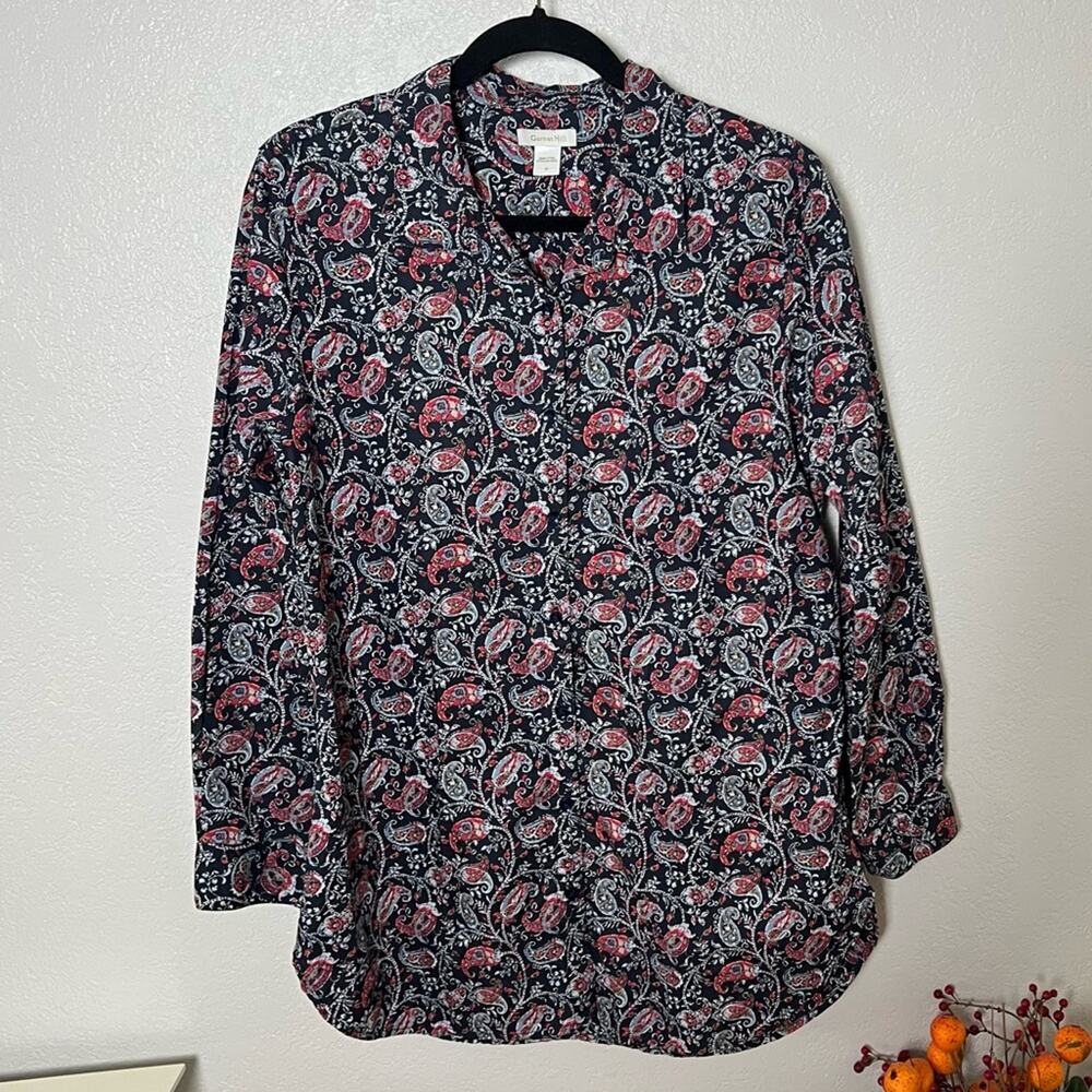 Garnet Hill Navy Paisley Print Cotton Button Down Shirt